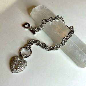 Silver Rhinestone Heart Lock and Key Toggle Bracelet